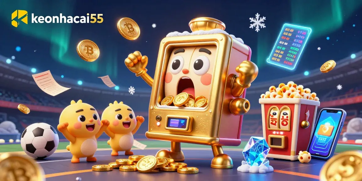Engage with the vibrant energy of keonhacai55 as a golden slot machine hits the jackpot amidst cheering mini slot machines and cryptocurrency elements.