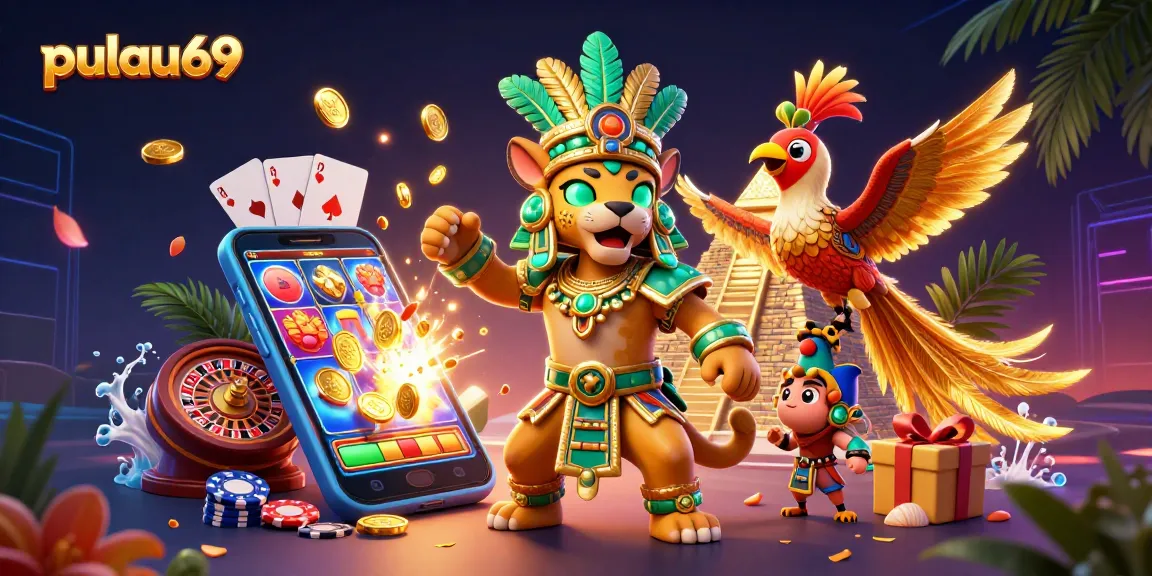 Spin slots at pulau69 with vibrant characters and dynamic casino elements in a stunning 3D scene.