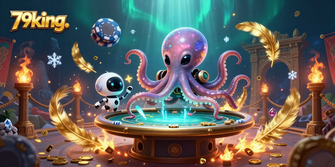 Engage in exciting gameplay at 79king. with a vivid alien octopus and poker table amidst stunning cosmic effects.