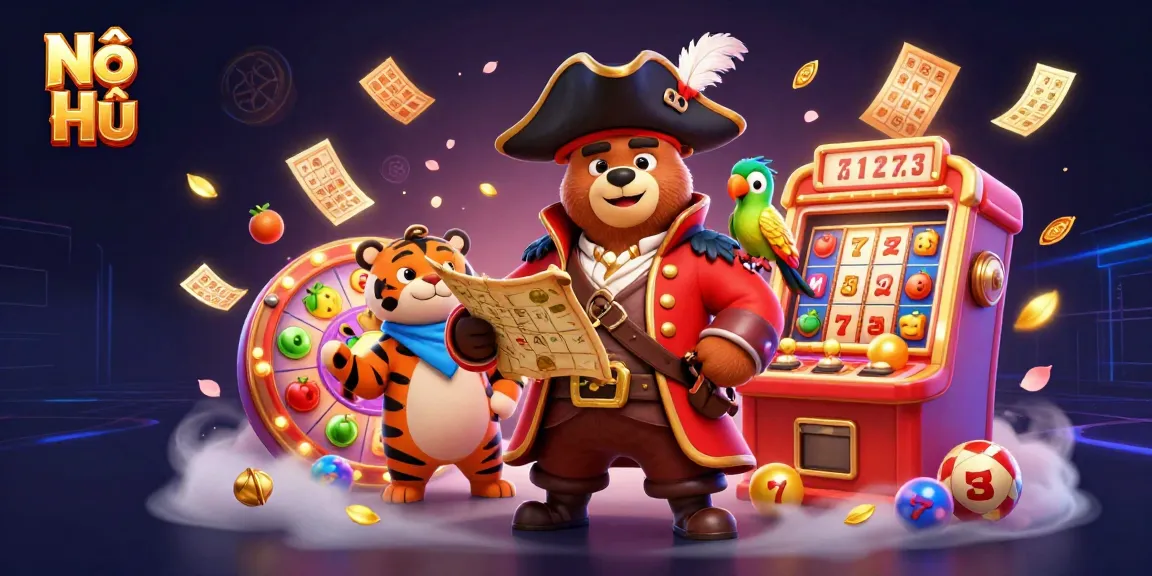 Nổ Hũ slots and jackpots captured in an energetic 3D casino scene with a pirate bear and tiger.