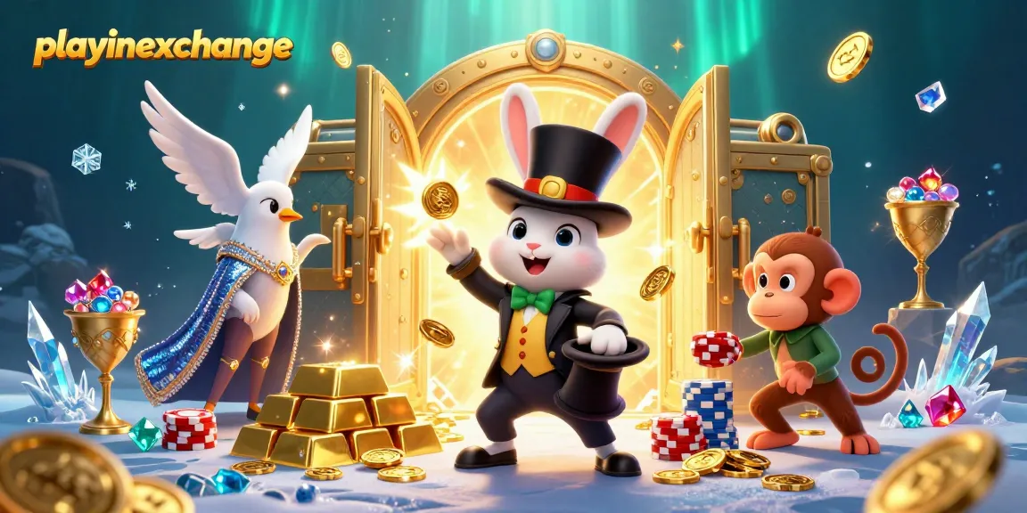 Engage with playinexchange's enchanting scene featuring magical coins and playful creatures in a vibrant casino atmosphere.