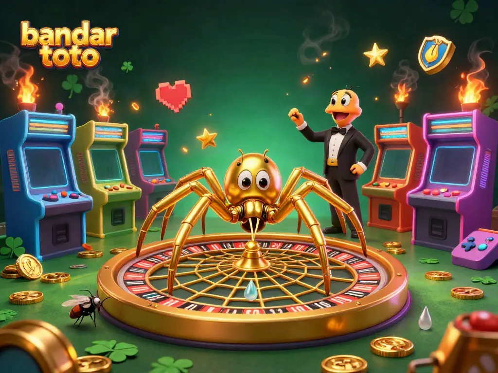 Gambaran bandar toto dengan arachnid emas dan mesin permainan 3D yang berwarna-warni.