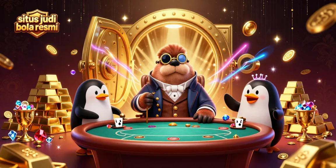 Situs judi bola resmi showcases a vibrant underwater poker scene with a jolly walrus, penguin dealer, and a bluffing pufferfish