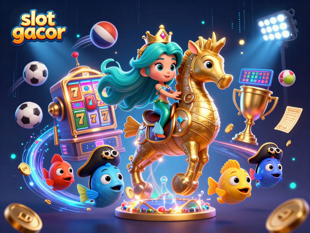 Experience slot gacor wins with colorful mermaid princess riding a seahorse in a vibrant casino scene.