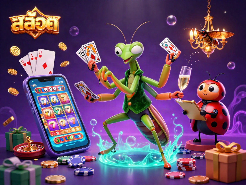 Experience thrilling สล็อต action in a vibrant casino scene with a giant praying mantis and colorful slot game dynamics.