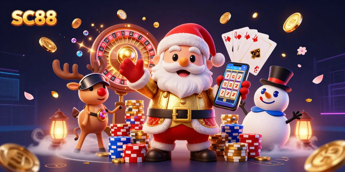 Experience the excitement of SC88 with Santa and friends in a vibrant casino scene featuring jackpot slots.