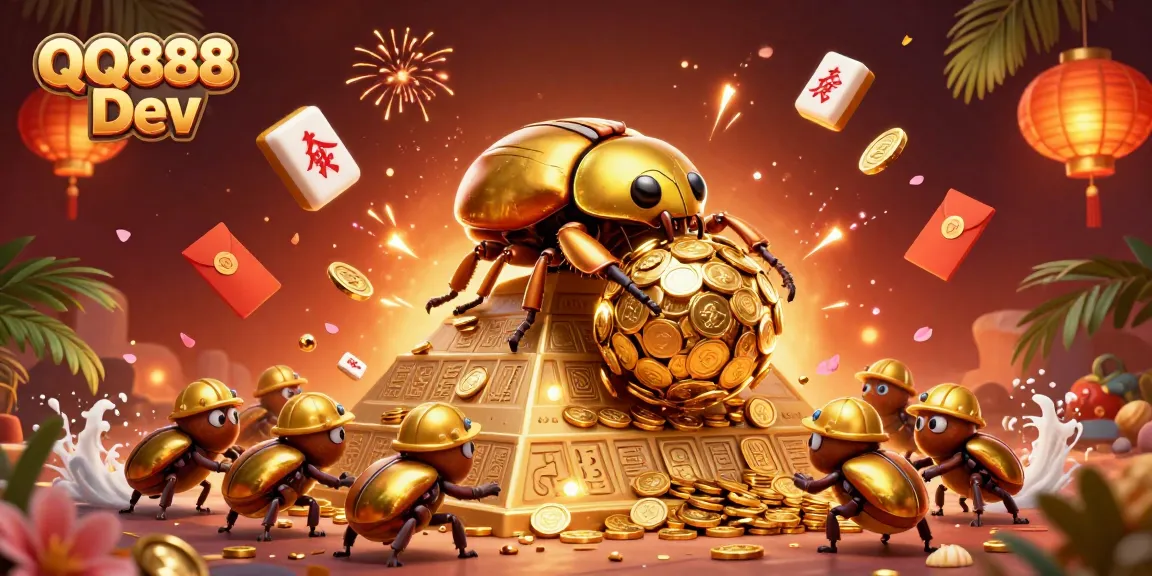 Experience thrilling gaming action with QQ888 Dev as golden beetles roll coins in a vibrant online casino.