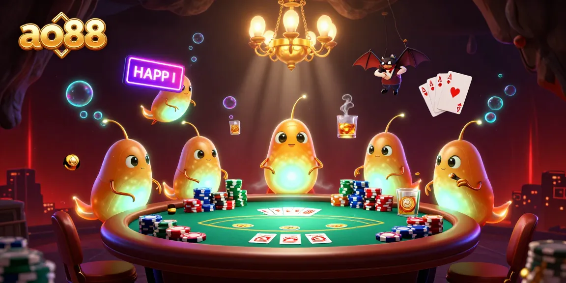 Engage with the vibrant ao88 casino scene featuring glowworms and a bat dealer amidst poker excitement.