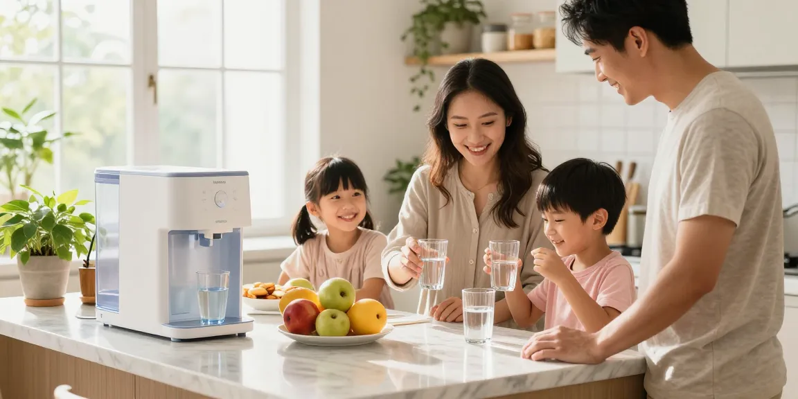 Family enjoying refreshing water from the Waterdrop 40 Cup Dual Filter Dispenser in a bright kitchen