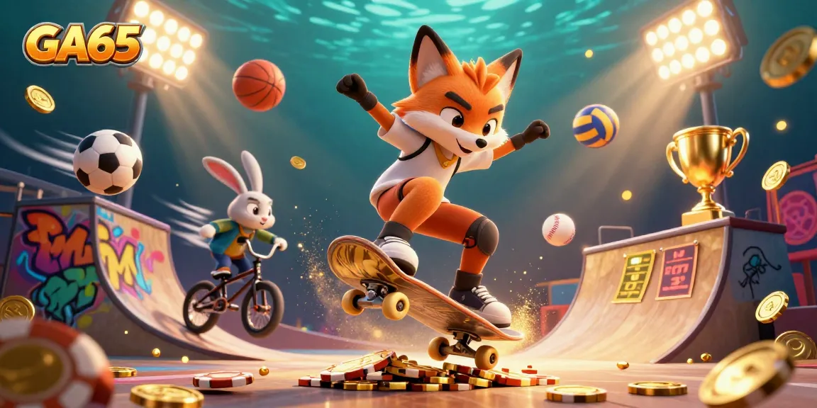 Experience thrilling GA65 action as a skateboarder fox and BMX rabbit leap over golden poker chips amidst vibrant casino elements.