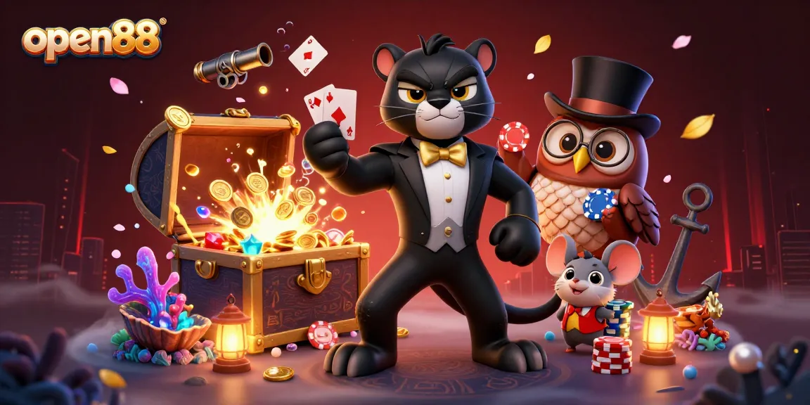 Engage in exciting games at open88 with a stylish black panther dealer amidst a vibrant casino atmosphere.