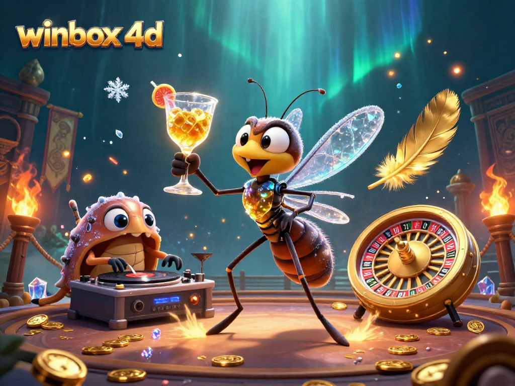 Winbox 4D showcases vibrant casino action with a cartoon mosquito mascot and thrilling gaming elements.