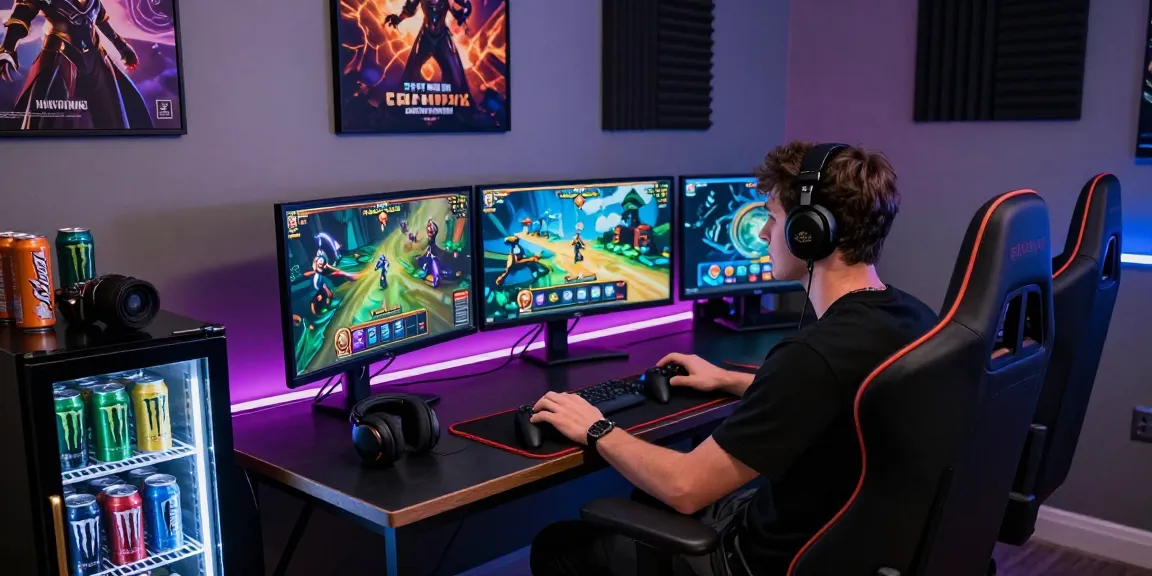 Player engaging with Gates Of Olympus, surrounded by gaming gear and vibrant slot graphics.