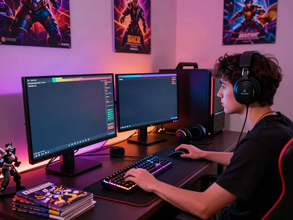 Player enjoying a slot gacor game at a vibrant gaming setup, illustrating the thrill of online gambling.