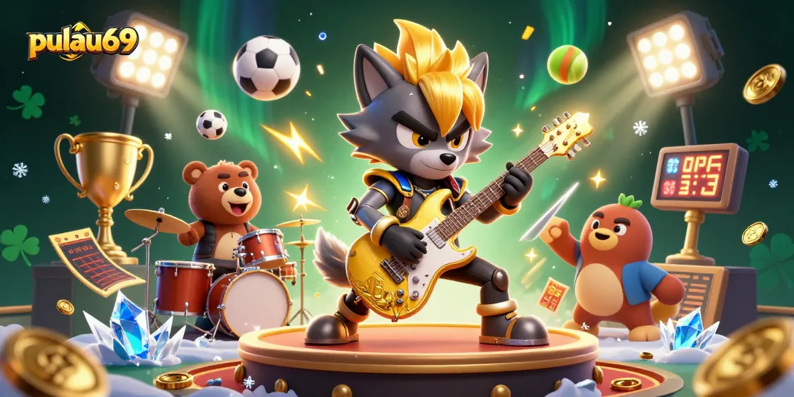 Pulau69 features an energetic scene with cartoon characters playing guitar and drums, surrounded by sports betting elements.