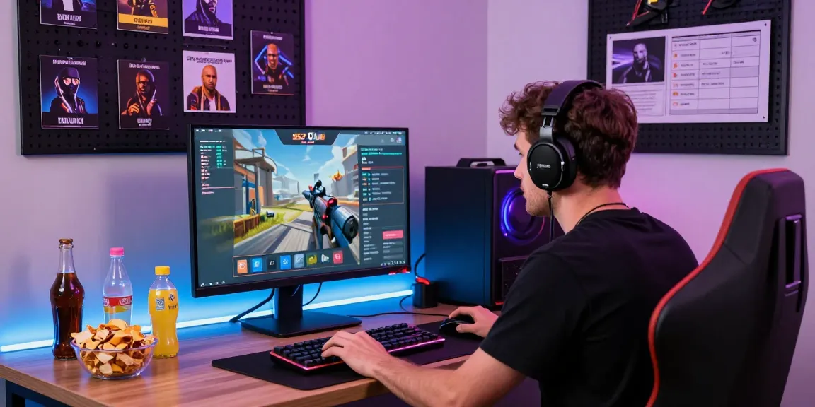 Online gamer at B52 Club engaging in exciting gameplay, vibrant room filled with gaming gear and snacks.