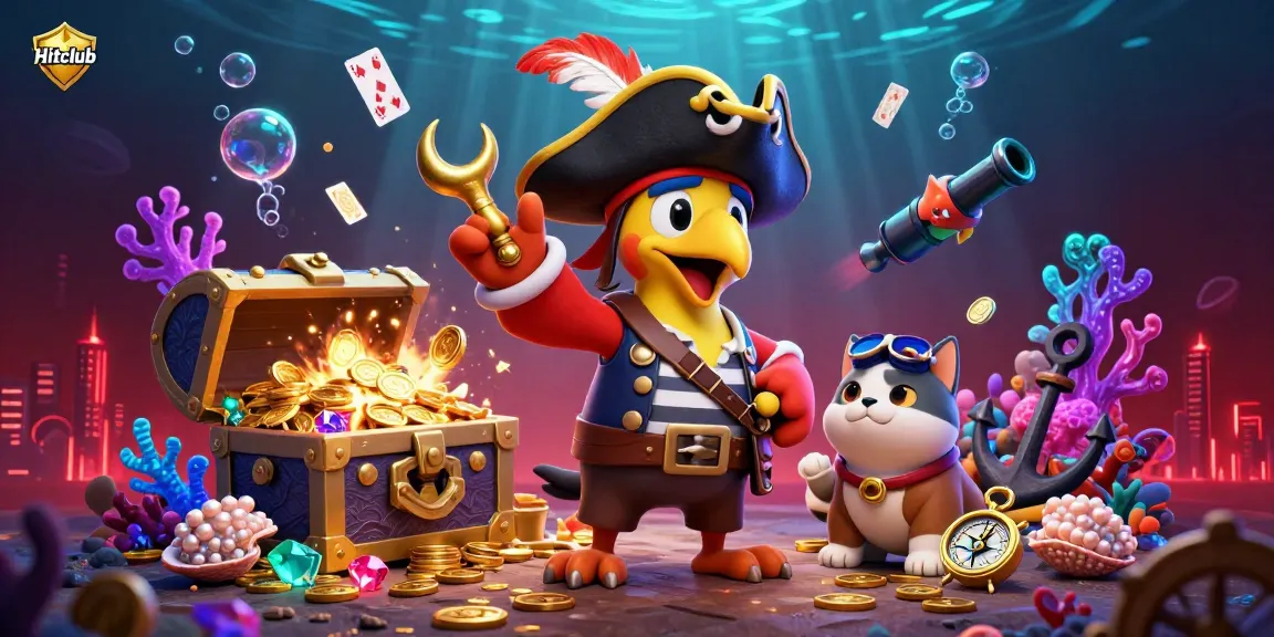 Hitclub showcases a vibrant gambling-themed scene featuring cartoon characters amidst treasure and casino elements.