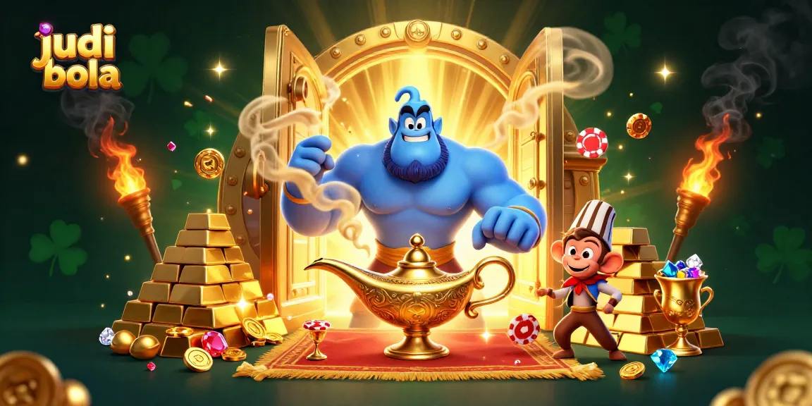 Experience judi bola excitement with a dynamic 3D illustration featuring a genie, golden treasures, and gaming elements.