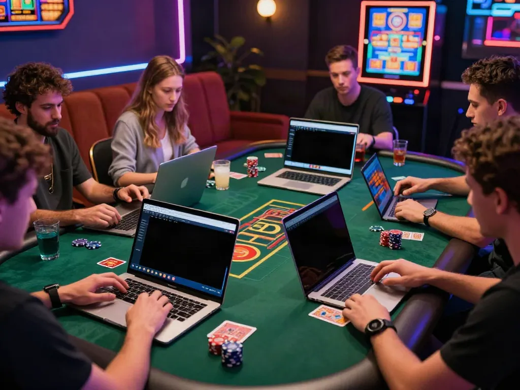 A group of players enjoying games on the A80 website in a vibrant casino-like atmosphere.