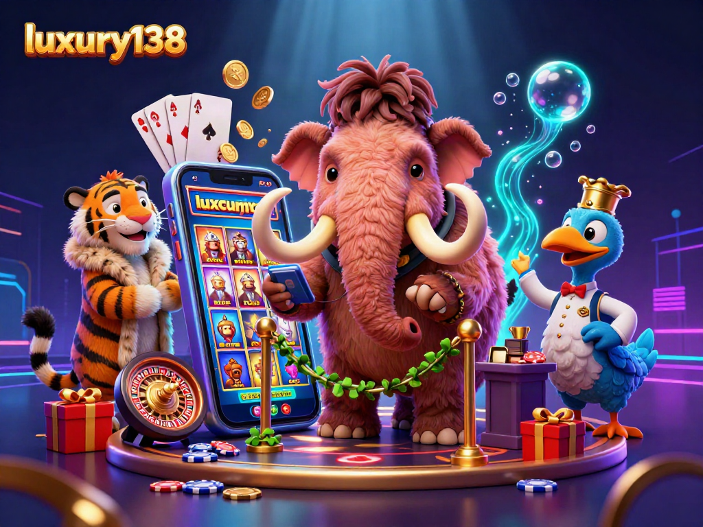 Gambarlah suasana kasino mewah luxury138 yang energik dengan penjaga mamut dan tamu VIP.