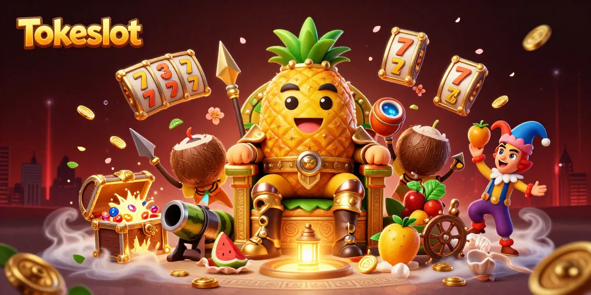 Tokeslot dazzles with golden treasures, slot reels, and a lively beach casino illustration.