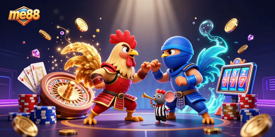 me88's dynamic gambling scene with cartoon roosters, golden coins, and spinning roulette wheel