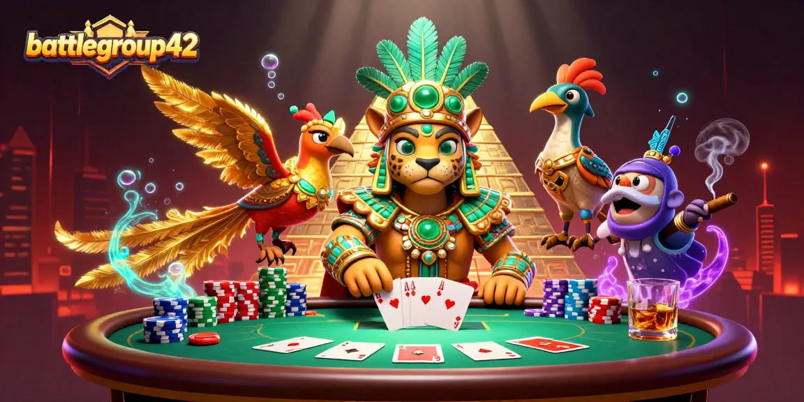 Engage with battlegroup42's vibrant casino scene featuring a Mayan jaguar priest and quetzal bird amidst poker action.