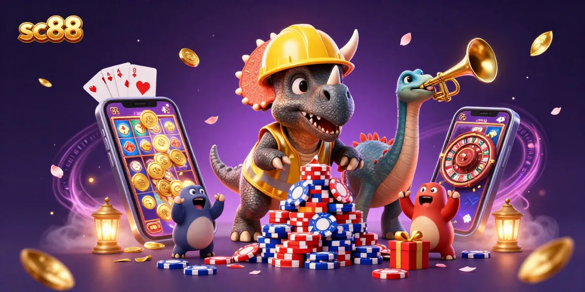 Experience sc88 with triceratops building poker chip pyramid and gaming elements celebrating wins.