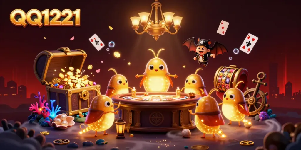 Experience thrilling action in QQ1221's vibrant cave casino illuminated by glowworms and gold coins.