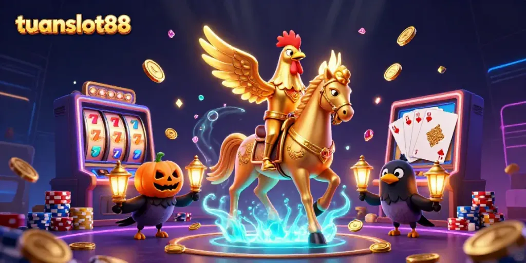 Memainkan slot di tuanslot88 dengan latar kasino malam yang magis dan karakter mengagumkan.