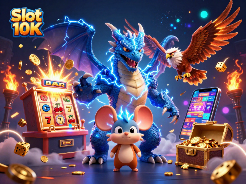 Experience exciting gameplay with Slot 10K as dynamic characters and treasures illuminate the casino scene.