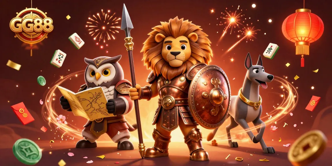 Experience GG88 excitement in a vibrant casino scene with dynamic characters and festive elements.