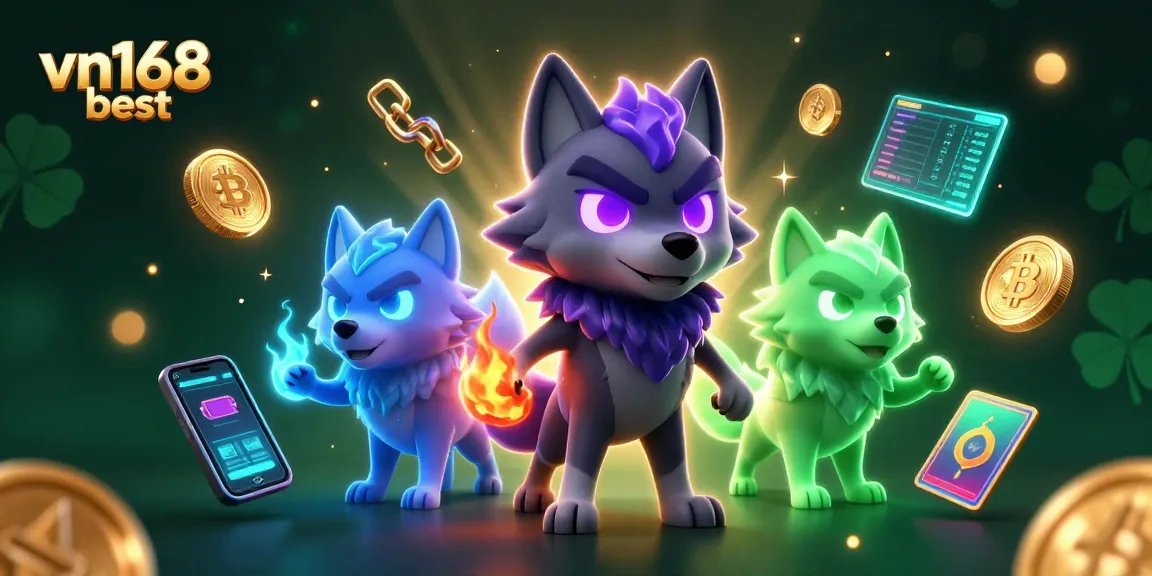Engage in thrilling gameplay with vn168 best's dynamic 3D illustration showcasing wolf characters amidst vibrant cryptocurrency elements.