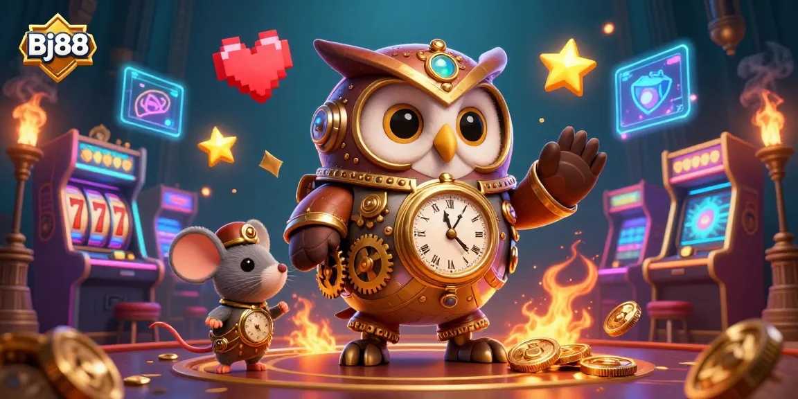 Bj88 enchants gamblers with a vibrant 3D illustration featuring a time-traveler owl amidst thrilling casino elements.