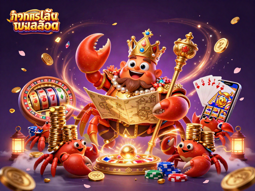 Spin the reels and win prizes with ทดลองเล่นสล็อต in this vibrant 3D casino scene featuring a golden crab emperor.