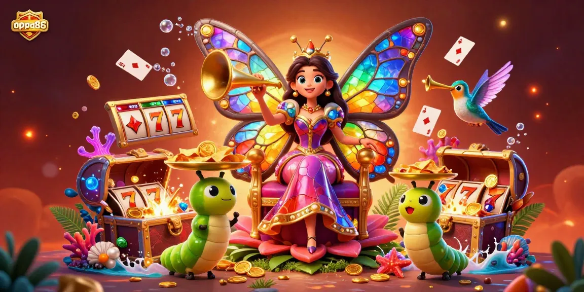 Spin the reels in a vibrant slots-themed illustration, featuring oppa86's butterfly queen surrounded by colorful gems.