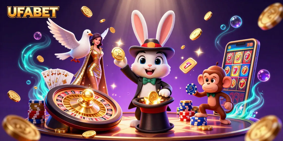 Experience excitement at UFABET with a 3D scene of a magician rabbit pulling coins, doves, and poker chips.