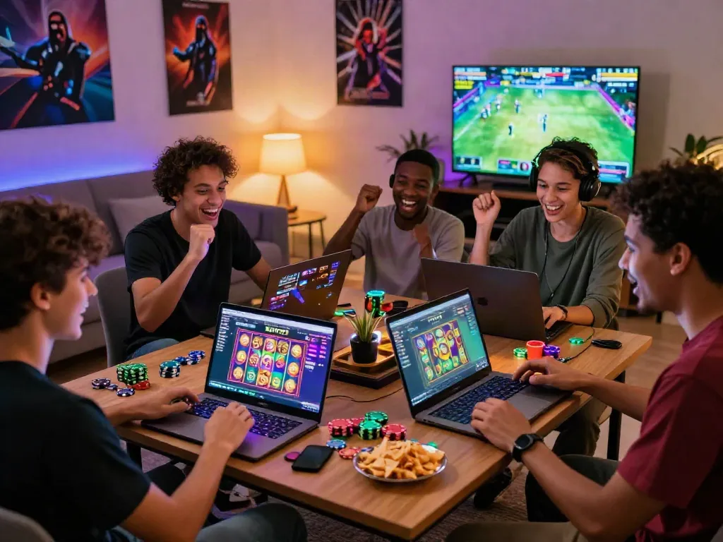 Friends celebrating a big win on slot777 games at KOITOTO platform.