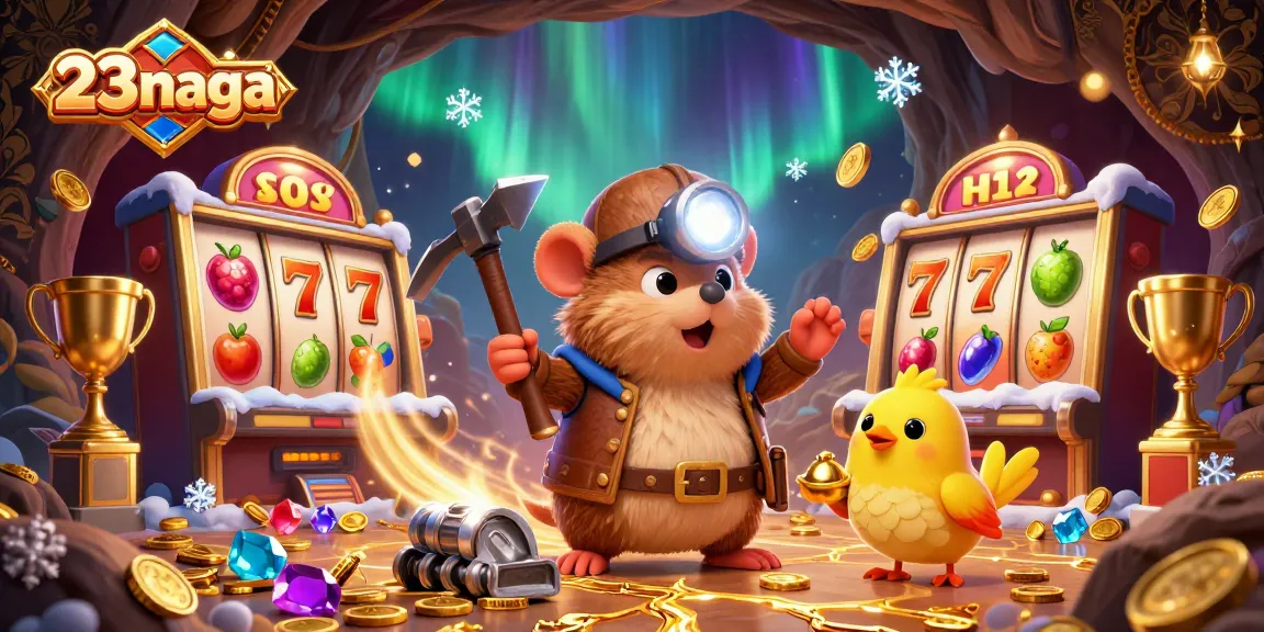Play exciting games at 23naga featuring a treasure hunter mole in a lively casino setting with golden elements.