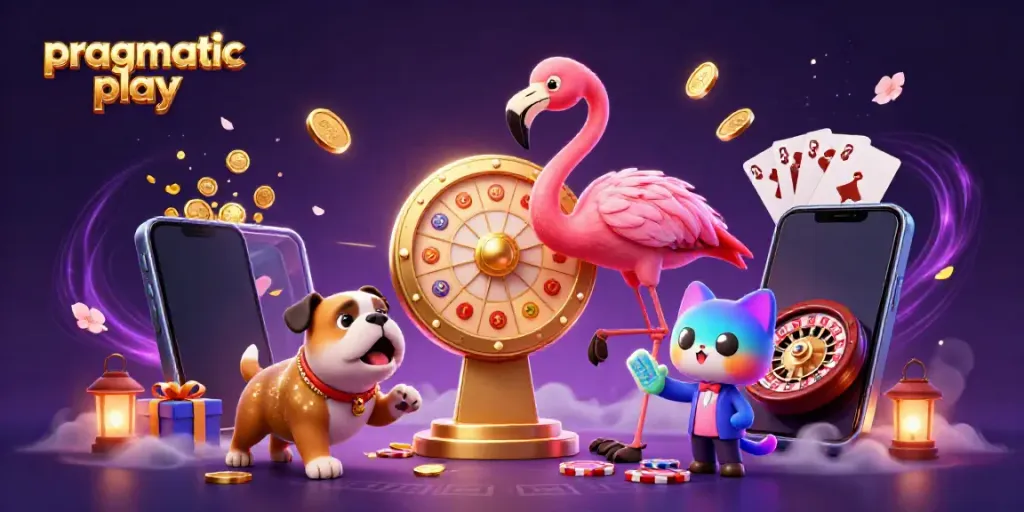 Spin to win with pragmatic play in this dynamic 3D casino scene featuring colorful game elements.