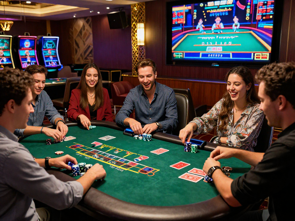 Exciting gaming experience at the best American online casinos with friends engaged in blackjack, colorful chips, and vibrant atmosphere.