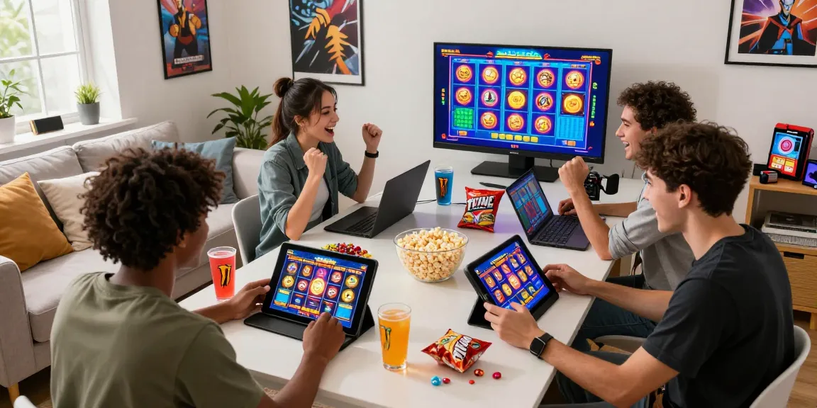 Friends enjoying สล็อตฝากขั้นต่ำ while playing vibrant slot games together in a cozy living room.