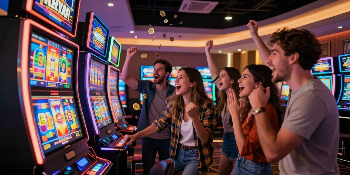 Pengunjung bermain di situs slot gacor dengan mesin slot modern dan suasana ceria.