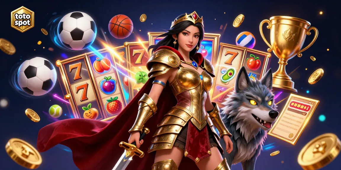 Experience the thrill of toto slot with vibrant reels, dynamic sports elements, and a warrior queen in action.