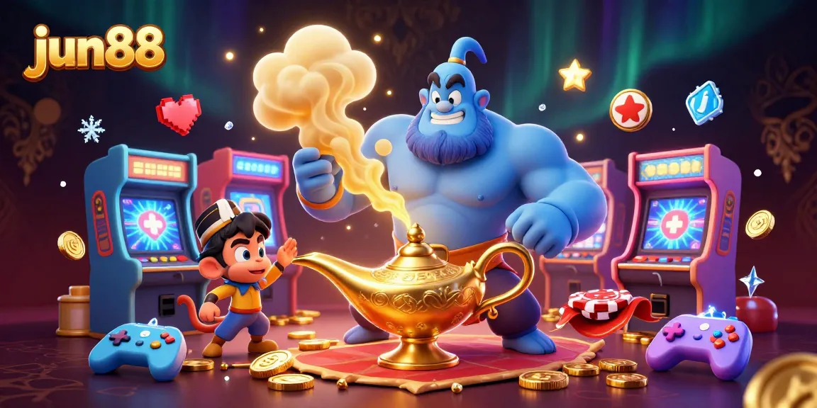 Experience thrilling gaming with jun88's vibrant 3D casino world featuring a magical genie and poker chips.
