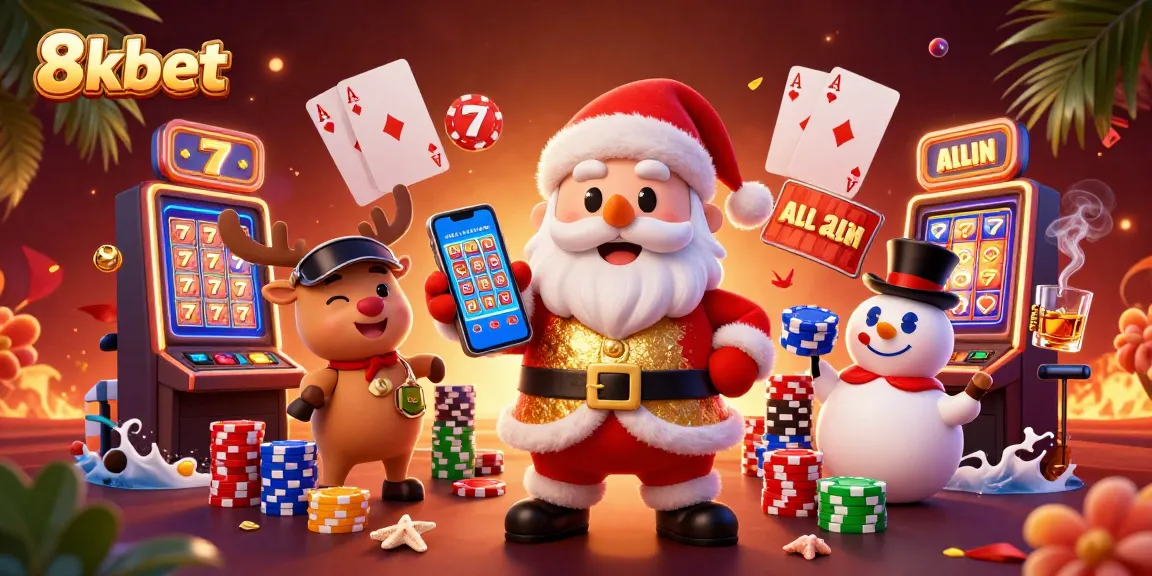 8xbet Santa Claus playing jackpot slots surrounded by vibrant casino elements and friends.