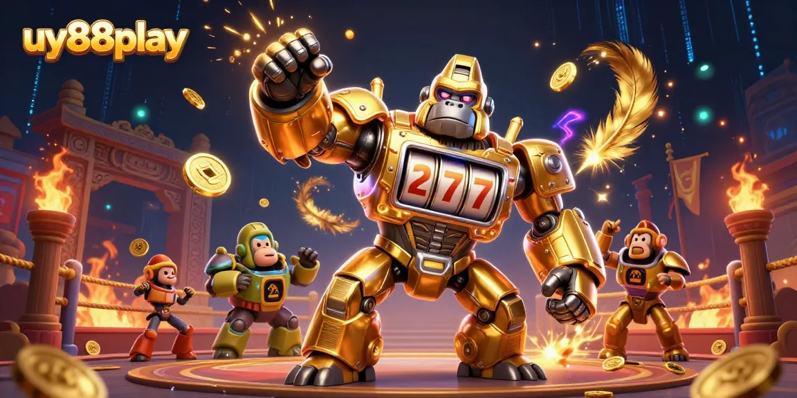 Experience the excitement of uy88play with a dynamic illustration featuring a transformer mech and casino elements.