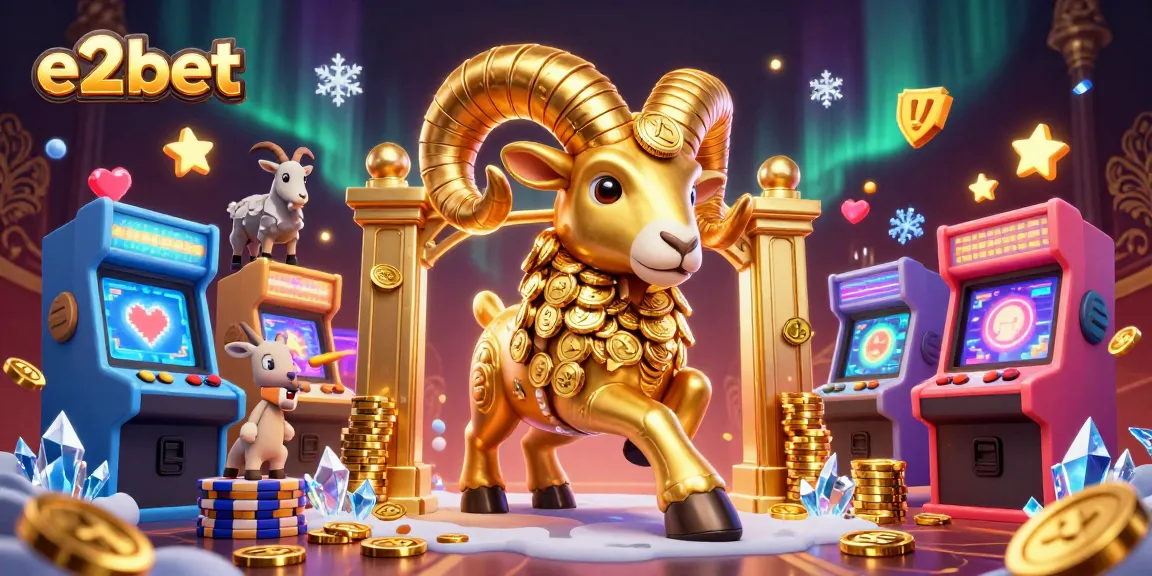 Engage with e2bet's thrilling gaming universe featuring golden ram amidst vibrant casino elements.