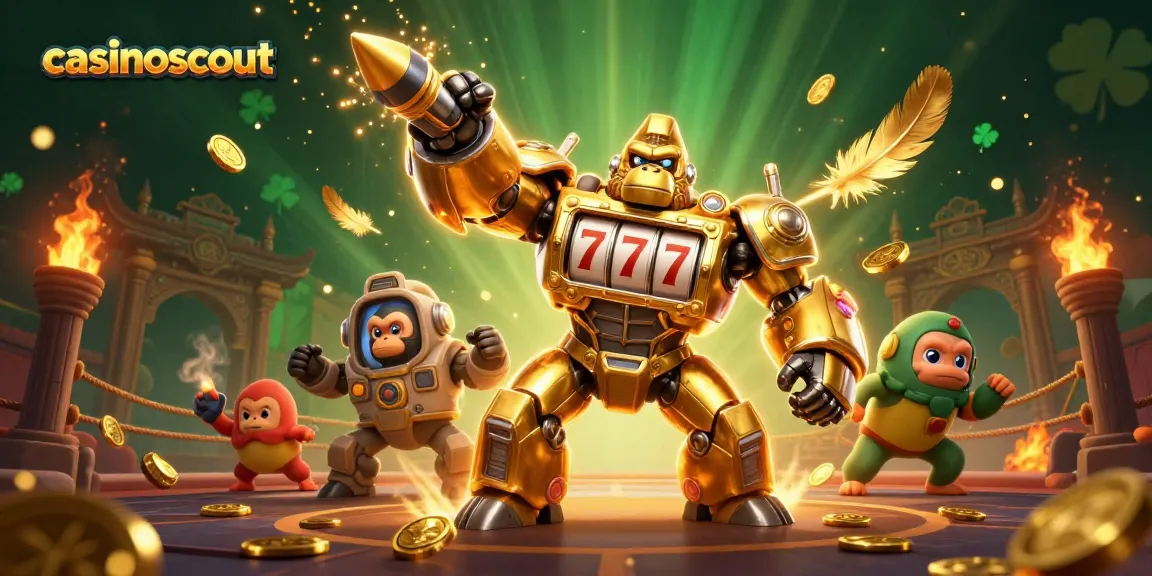 Experience winning with casinoscout in this dynamic 3D casino illustration featuring a golden gorilla mech.