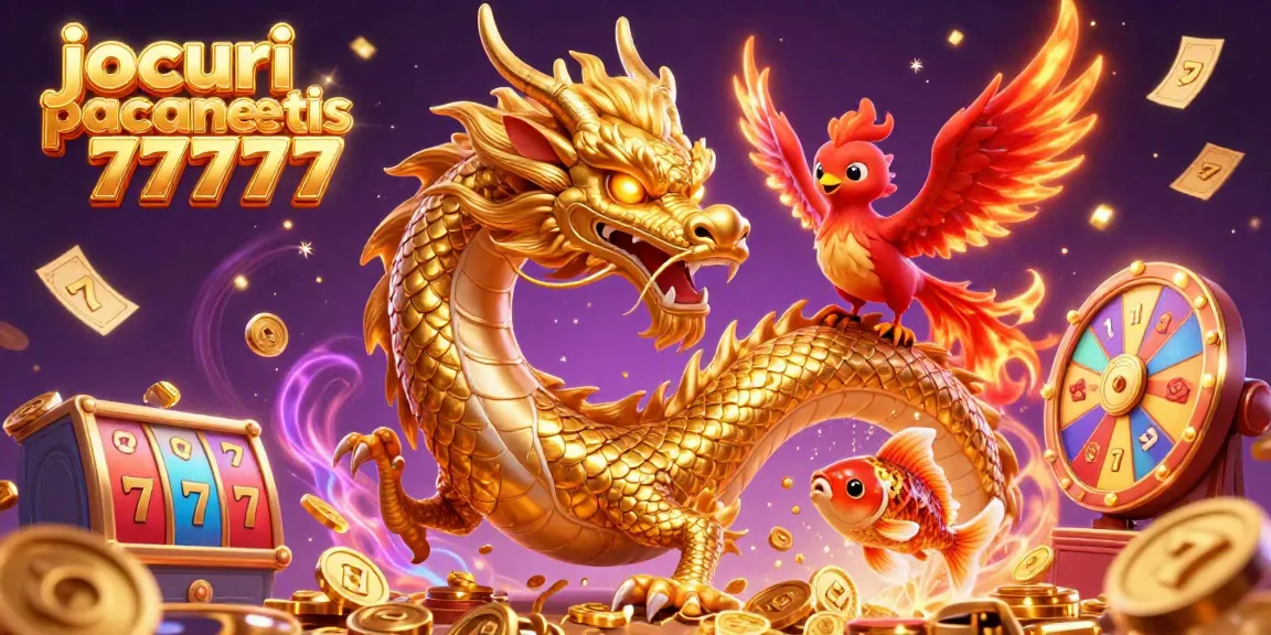 Joacă jocuri pacanele gratis 77777 cu un dragon auriu și un pește norocos în mijlocul unei ploi de monede.